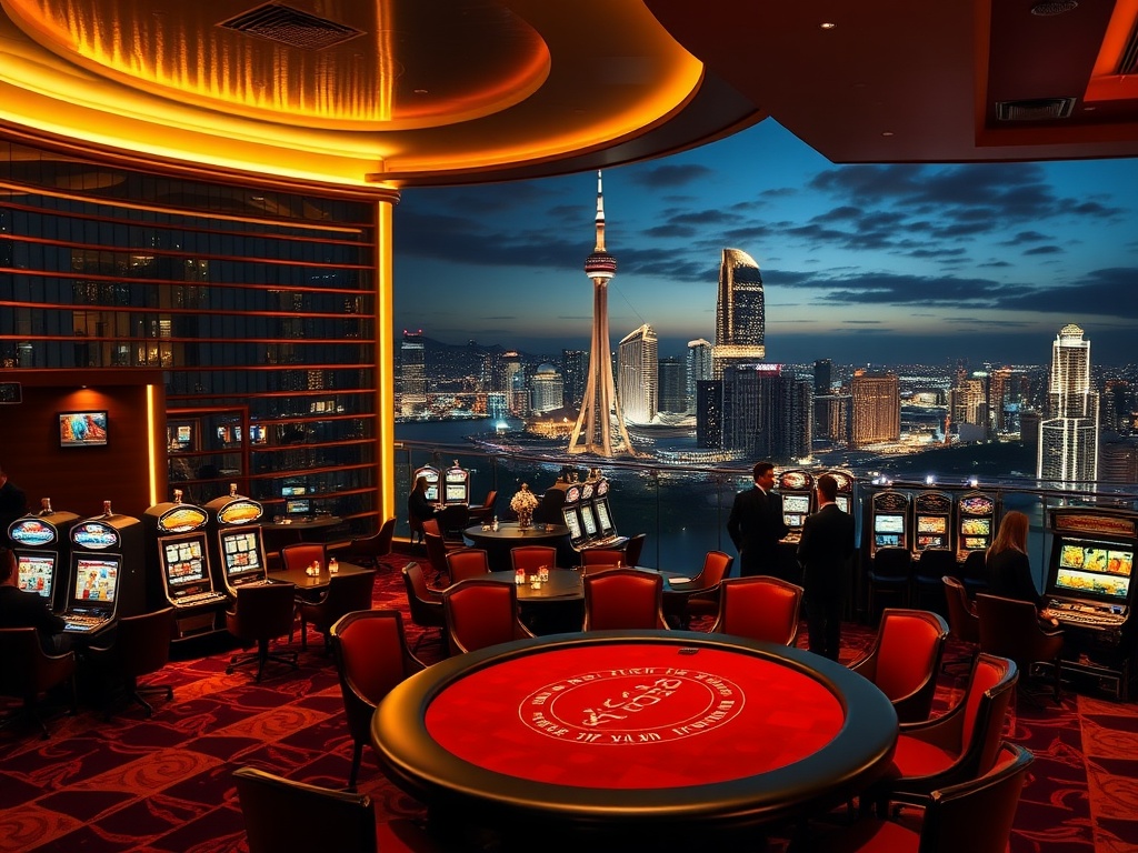 "luxury Australian casino hotel at night" "golden neon glow" "high-stakes card table silhouettes" "gleaming slot machines" "VIP velvet lounge" "panoramic skyline views" "elegant staff in suits" "cinematic lighting"