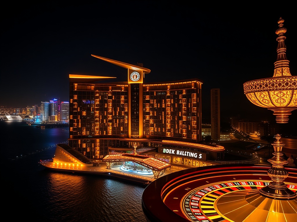 A glamorous Australian luxury casino hotel at night, "golden lighted façade", "high-stakes roulette table glow", "VIP suite windows", "iconic skyline", "ocean horizon", "five-star service vibe".