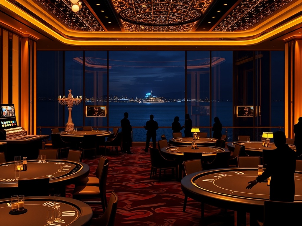 “luxury casino lounge at night” “golden lighting” “elegant VIP silhouettes” “sleek gaming tables” “ocean skyline” “five-star hospitality atmosphere”