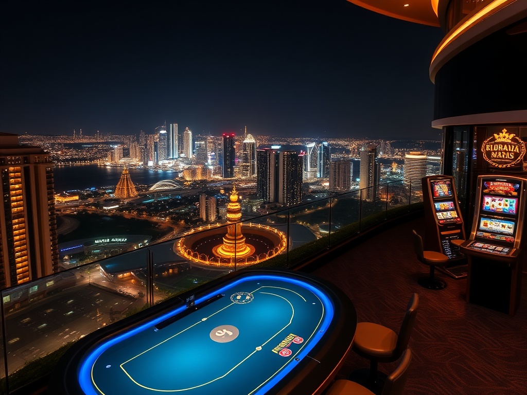Nighttime luxury casino hotel in Australia, illuminated high-stakes table and slot glow, VIP suite balcony, panoramic city-coast skyline, elegant dining atmosphere, stylish nightlife.