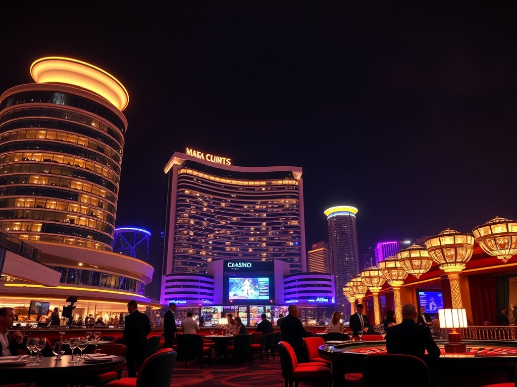 "A glamorous Australian luxury casino hotel at night, illuminated skyline, elegant lounge diners, roulette tables silhouettes, velvet VIP vibe, cocktails and vibrant nightlife, cinematic lighting." "Exclude people, logos, and text."