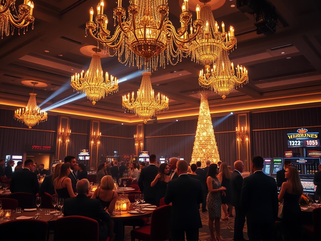 "Opulent Australian luxury evening event" "golden chandeliers" "velvet lounges" "subtle casino lights" "VIP guests in elegant attire" "champagne tower" "soft spotlight"