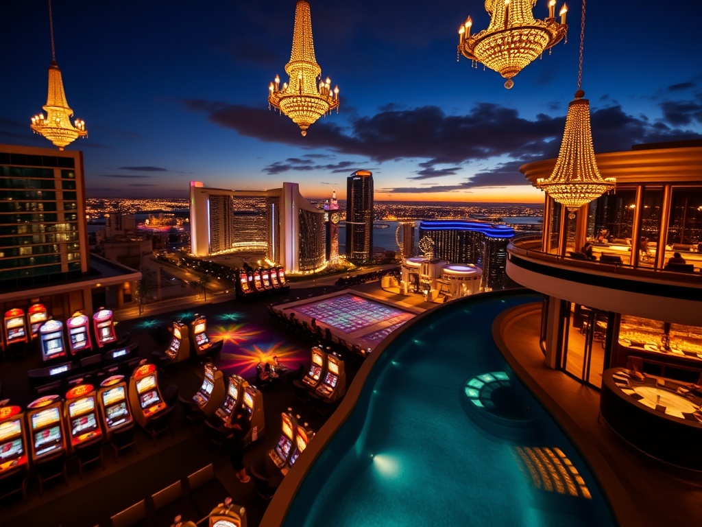 "luxury Australian casino hotel at night with glowing chandeliers" "high-stakes gaming atmosphere blurred slots and velvet tables" "rooftop infinity pool overlooking iconic skyline" "stylish bar lights" "elegant VIP suite window glow"