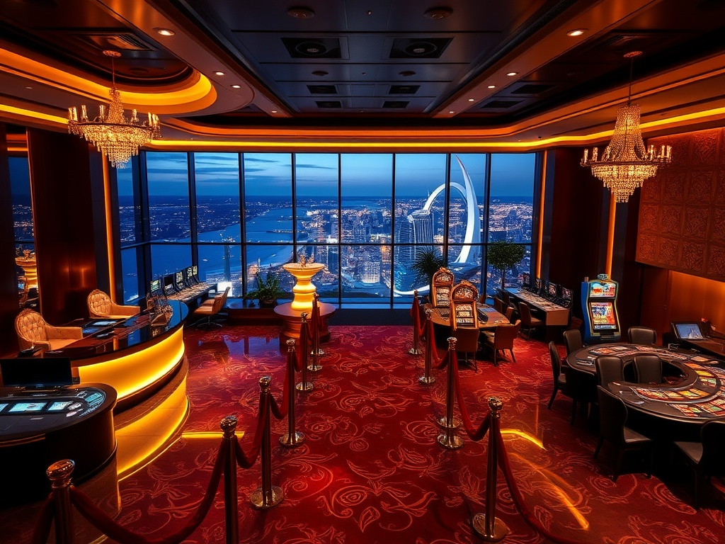 A glamorous Australian luxury casino-hotel lobby at night, warm lights, elegant concierge desk, velvet ropes, sparkling gaming tables, panoramic city-coast view, VIP aura, subtle gift-box glow, cinematic lighting."