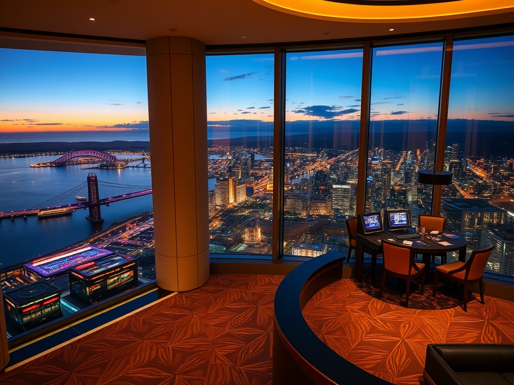 “ultra-luxury casino hotel at dusk in Australia, glowing gaming floor, elegant VIP suite window overlooking city lights and coastline, refined staff, cinematic lighting”