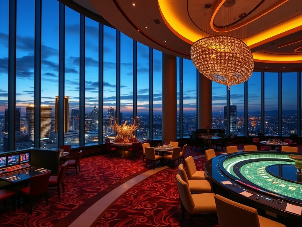 A luxurious Australian casino hotel scene at dusk, "glowing high-stakes gaming floor", "elegant VIP suite windows", "fine dining tables", "stylish nightlife lounge"