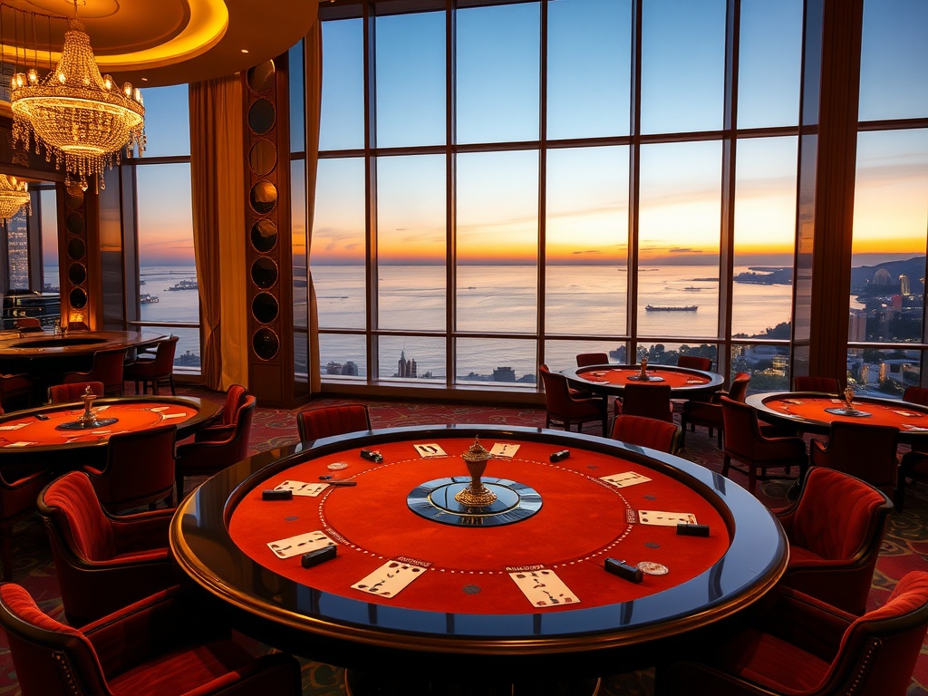 "Luxury casino hotel interior at dusk, golden lights, elegant high-stakes gaming tables, velvet VIP lounge, panoramic ocean skyline through windows, refined five-star suite ambiance" "no text"