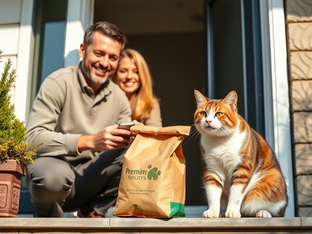 "Two smiling pet owners at a modern doorstep" "happy cat eagerly eating premium cat food" "neatly packed bag delivery" "warm daylight"