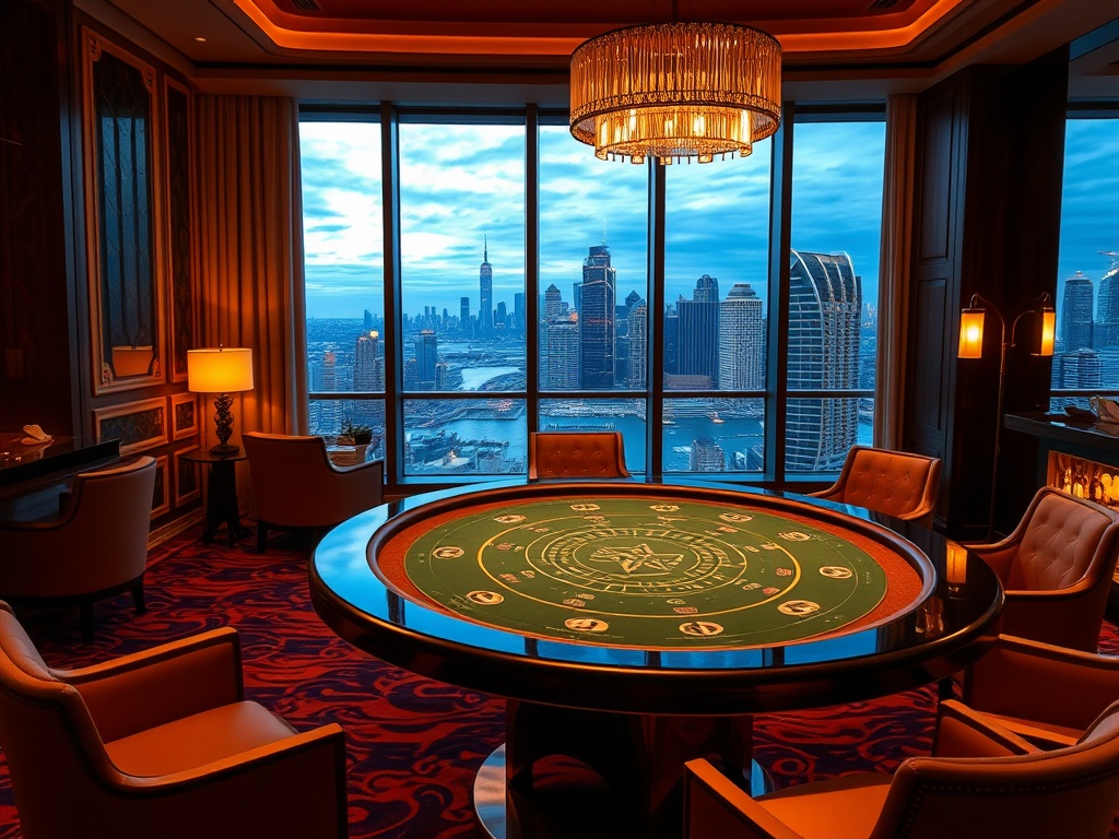 "luxury casino hotel interior" "glowing high-stakes poker table" "elegant VIP lounge" "five-star suite window overlooking Australian skyline" "champagne bar lights"