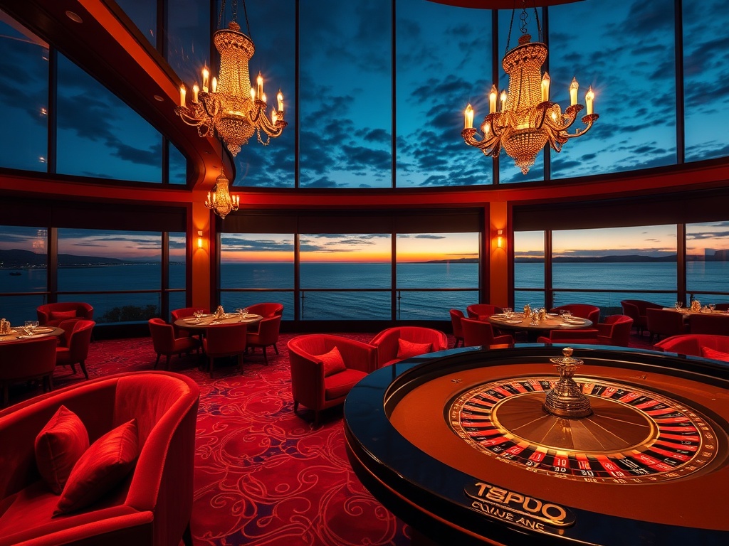 A luxurious Australian casino lounge at dusk, panoramic ocean skyline, velvet seating, warm ambient lighting, elegant roulette table, sparkling chandeliers, VIP ambiance, cinematic realism.