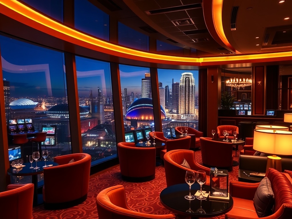 A glamorous Australian luxury casino at night with warm lighting, elegant VIP suite window view of skyline, discreet concierge, velvet lounges, sparkling glassware, golden ambiance.