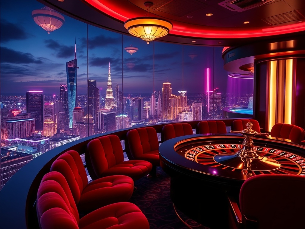 Neon-lit luxury casino interior with velvet seats, gleaming roulette wheel, dramatic skyline at night, elegant VIP suite balcony glow.