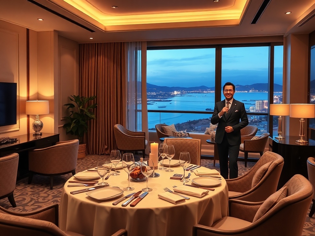 "elegant VIP lounge" "five-star suite balcony with coastal skyline" "fine dining table" "subtle casino lights" "attentive concierge" "warm confident smiles"