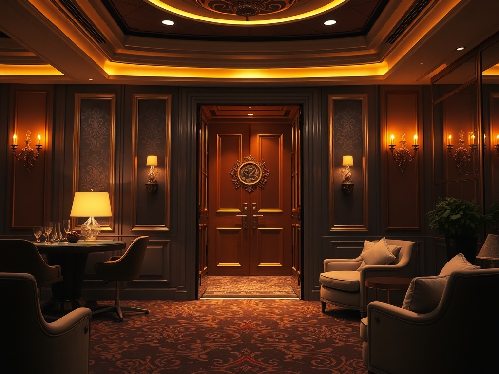 "opulent casino lounge at dusk" "soft golden lighting" "sleek VIP suite doorway" "subtle playing cards motif in mist" "champagne glasses and plush seating"