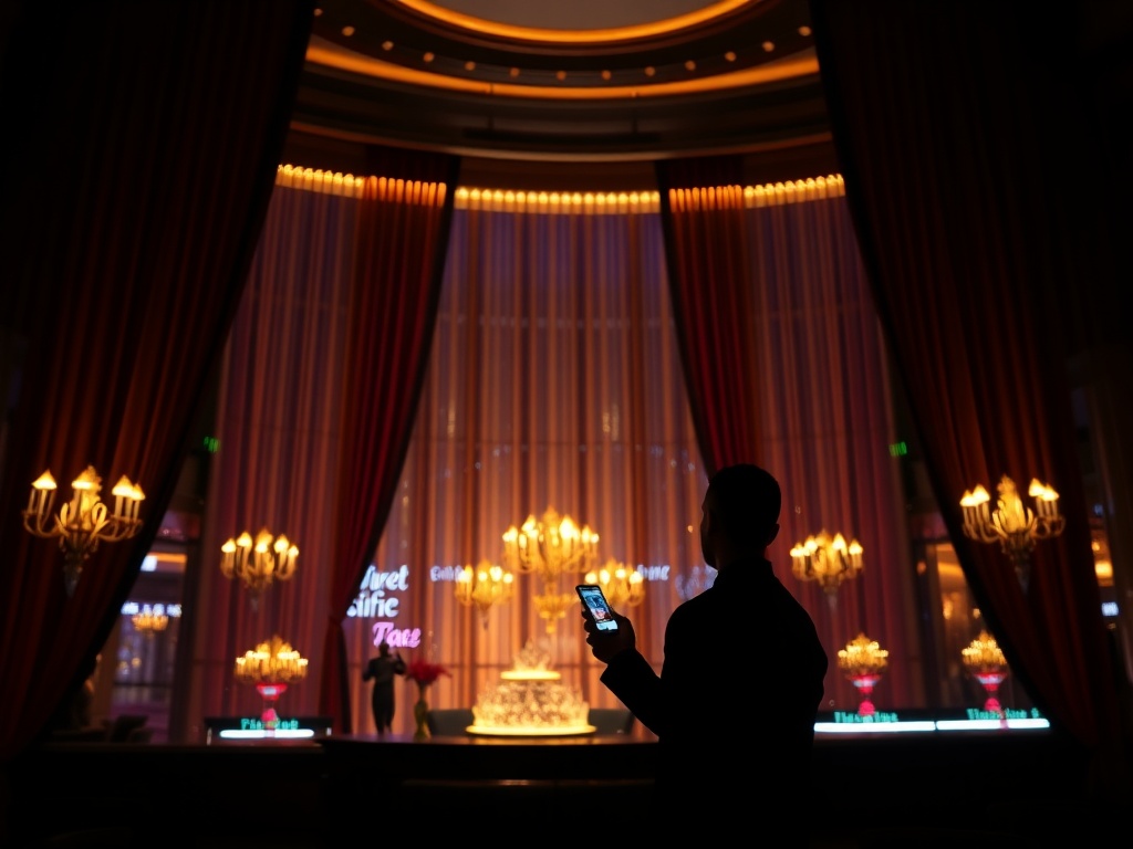 "Luxurious Australian casino hotel night scene, glowing lights, velvet curtains, elegant VIP lounge ambiance, silhouetted guest holding smartphone, subtle wave reflections, cinematic lighting"