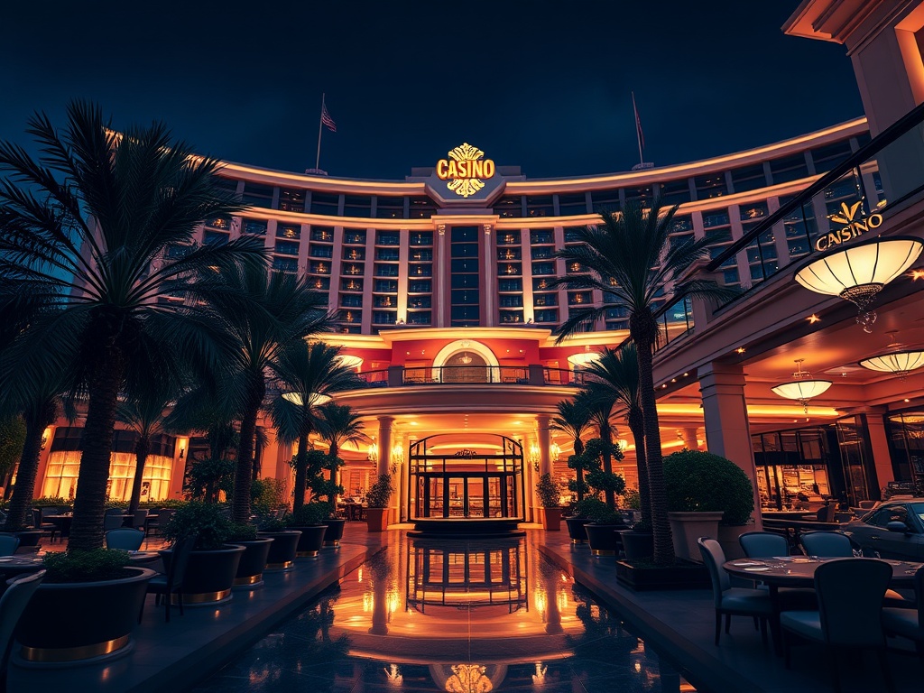 "Luxury casino hotel at night in Australia, glowing entrance, elegant palm-lined promenade, high-stakes table silhouettes, sleek VIP suite balcony, gourmet dining ambiance, vibrant nightlife." "No logos, no text."