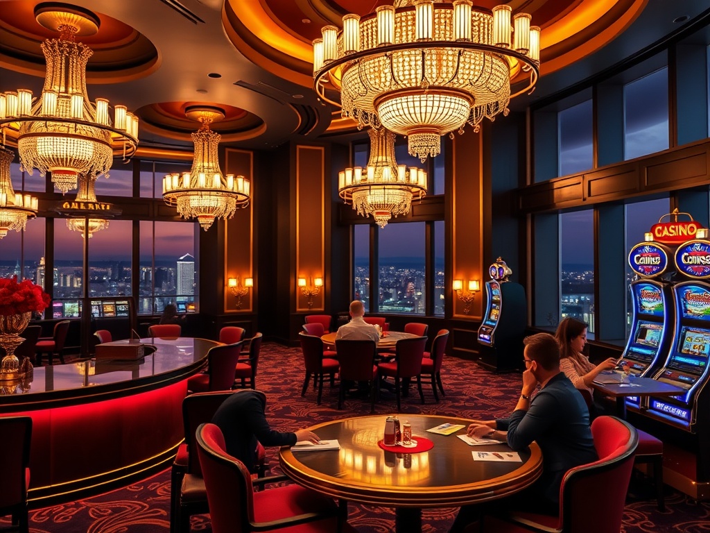 "opulent luxury casino lounge with glowing chandeliers, welcoming concierge at velvet desk, beginners seated at elegant table and nearby slot machines, panoramic city lights, warm atmosphere, no people faces"