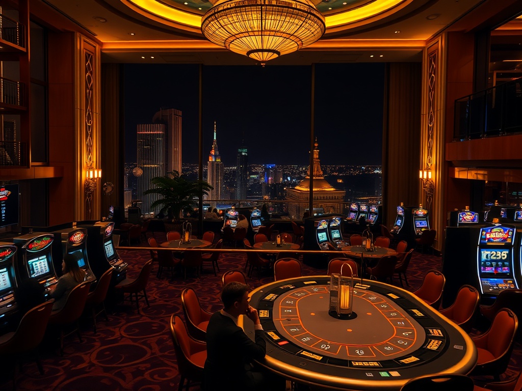 "Luxury casino hotel interior in Australia at night, golden lights, high-stakes table silhouettes, slot machines glow, VIP suite balcony overlook, elegant crowd, subtle Instagram-like glow" You MUST not include ANY brand images or logos. You may ONLY repl