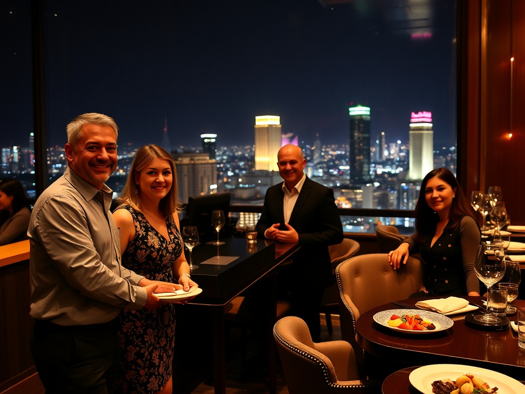 “luxury casino hotel lounge at night” “smiling guests” “attentive concierge” “quick service gestures” “gourmet dining plates” “panoramic city lights”