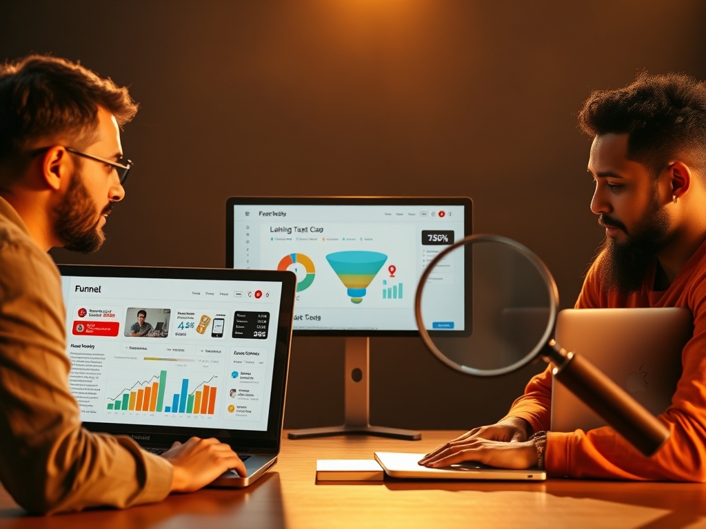 “Three diverse entrepreneurs reviewing a funnel dashboard on laptops, warm studio lighting, split-screen arrows from ad to landing, magnifying glass over flow, hopeful mood, cinematic depth of field.” "You MUST not include ANY brand images or logos. Y