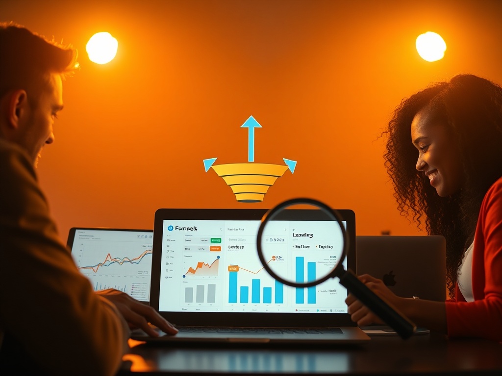 “Three diverse entrepreneurs reviewing a funnel dashboard on laptops, warm studio lighting, split-screen arrows from ad to landing, magnifying glass over flow, hopeful mood, cinematic depth of field.” "You MUST not include ANY brand images or logos. Y