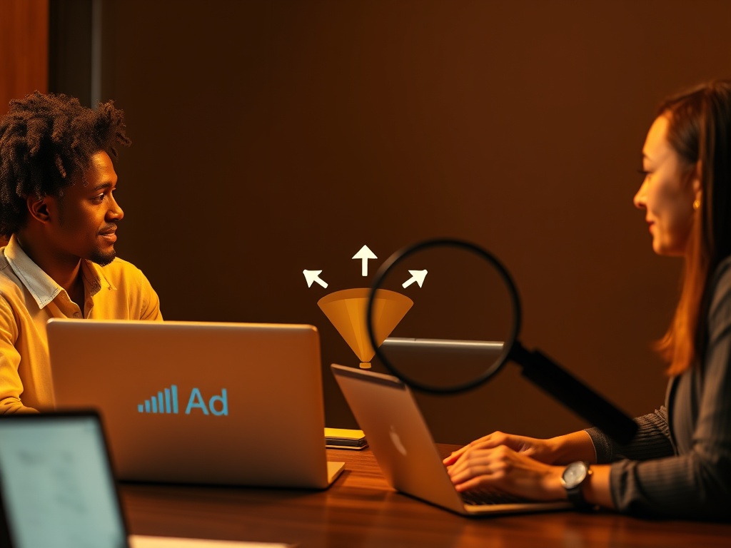 “Three diverse entrepreneurs reviewing a funnel dashboard on laptops, warm studio lighting, split-screen arrows from ad to landing, magnifying glass over flow, hopeful mood, cinematic depth of field.” "You MUST not include ANY brand images or logos. Y