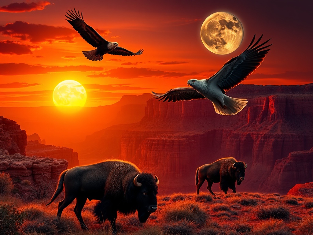 "Golden sunset over red rock canyon, moonlit sky; intense wolves with glowing eyes, soaring eagles overhead, powerful bison below; cinematic orange-purple-gold lighting." "You MUST not include ANY brand images or logos. You may ONLY reply with the format 