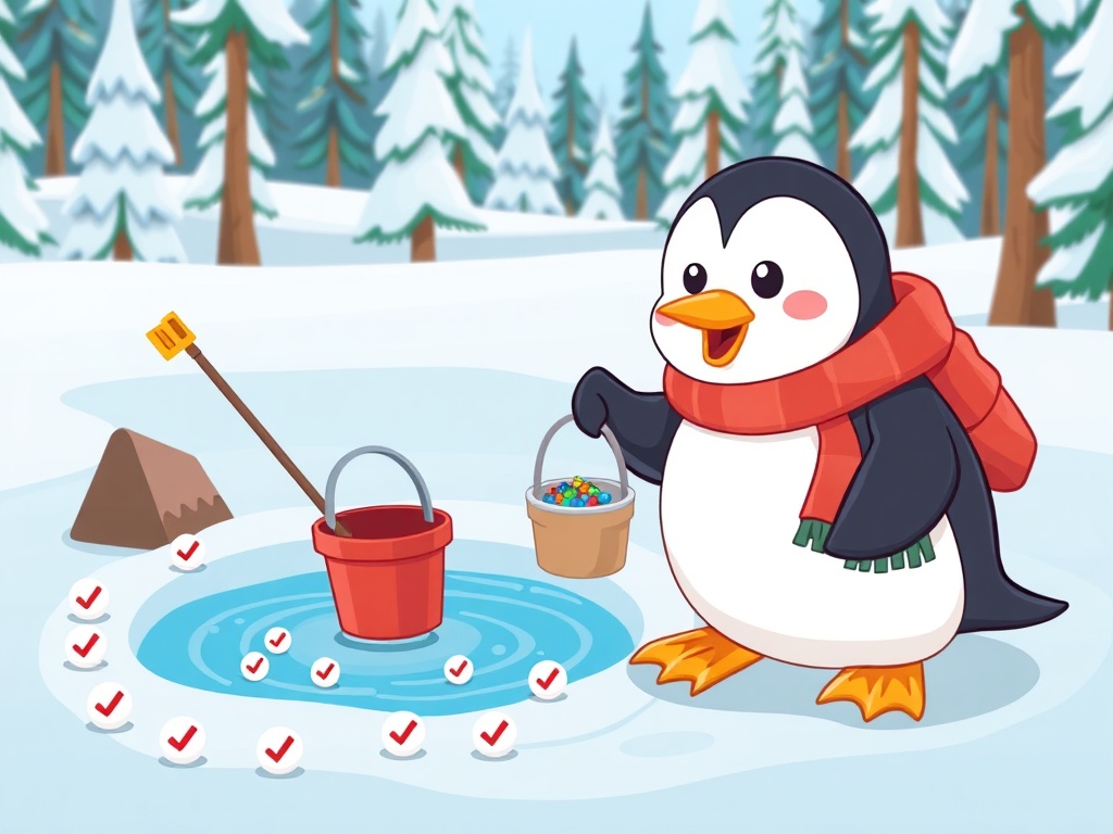 "Playful cartoon winter ice fishing scene