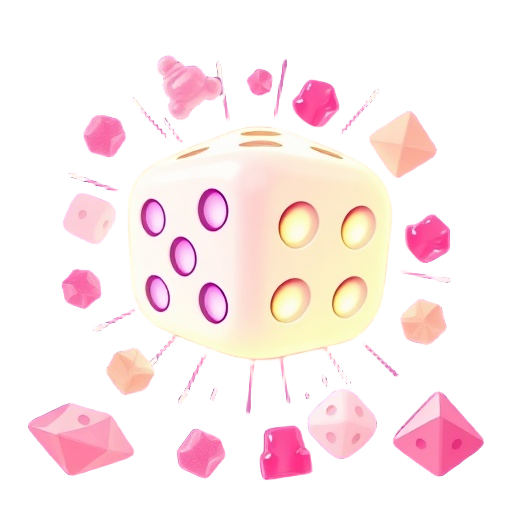 Glowing dice bursting into candy shapes" "white lollipop gummy bear" "pastel pink purple"