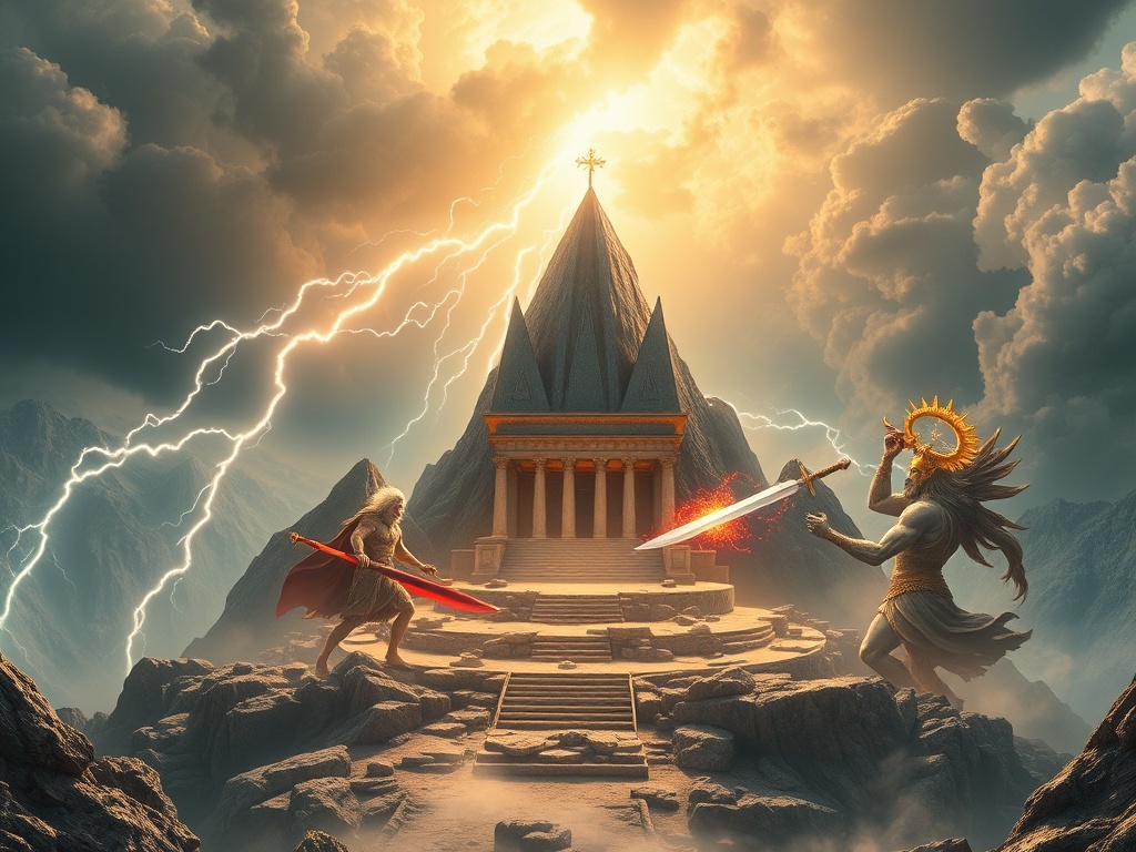 Olympus peak arena, marble temples; Zeus lightning, Poseidon trident, Ares sword clashing, golden auras, storm clouds, cinematic action.