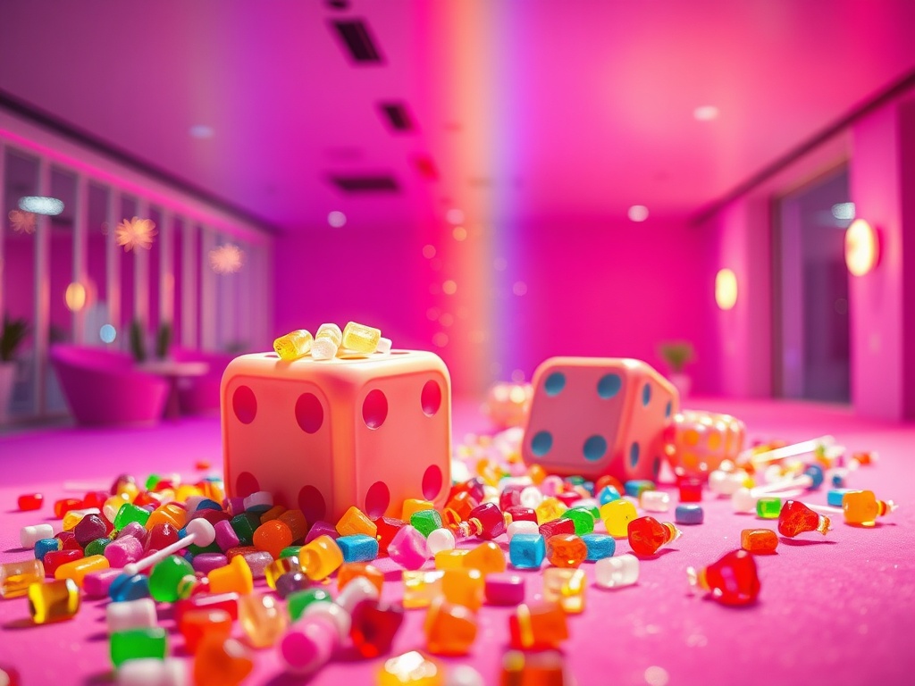 "vibrant candyland scene" "glowing rainbow dice spilling candies" "lollipops and gummy bears on pastel pink-purple backdrop" "sunlit Dublin-style modern lobby vibe" "sparkling trail suggesting a weekend event" "playful inviting energy"