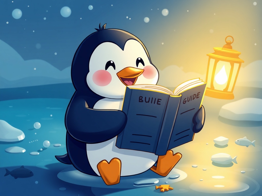 “Playful cartoon penguin holding a glowing open guide book, icy lake with bubbles, cute fish silhouettes, snowflakes, warm lantern light, bright colors, friendly vibe”