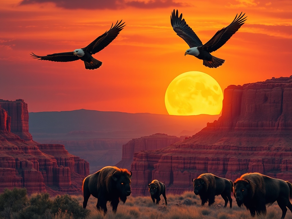 "Golden sunset over red rock canyon, moonlit sky; intense wolves with glowing eyes, soaring eagles overhead, powerful bison below; cinematic orange-purple-gold lighting." "You MUST not include ANY brand images or logos. You may ONLY reply with the format 