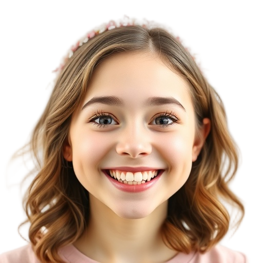 A cheerful Sophie, smiling to the camera, softly glowing eyes, pastel candy confetti halo, white background looking like