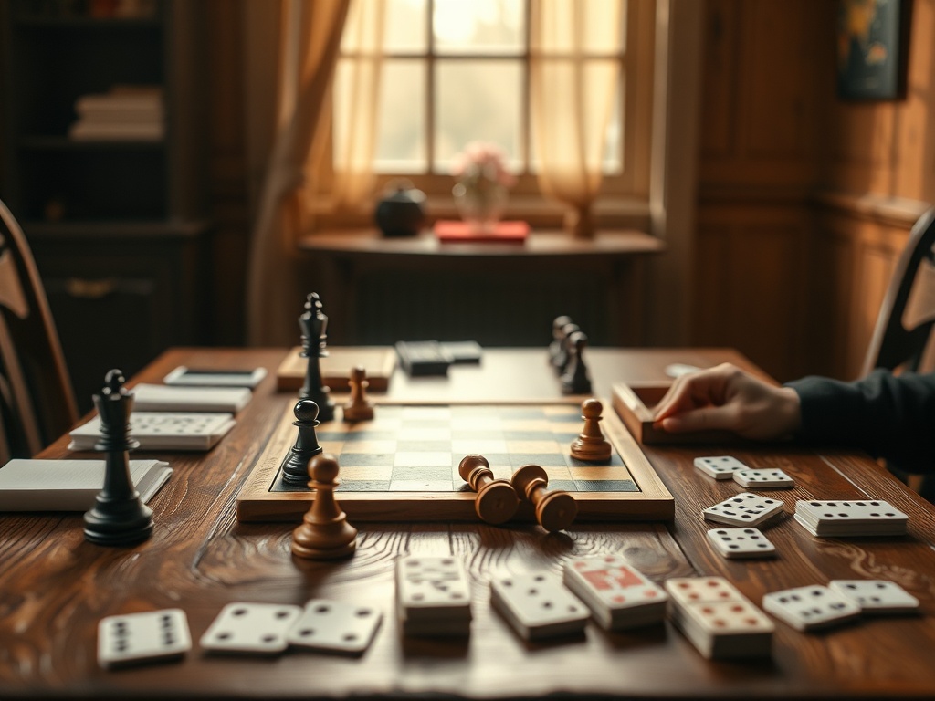 "Warm wooden table scene, chessboard, backgammon, dominoes, playing cards neatly arranged, soft daylight, inviting mentoring mood, shallow depth of field, cinematic realism." "You MUST not include ANY brand images or logos. You may ONLY reply with the for