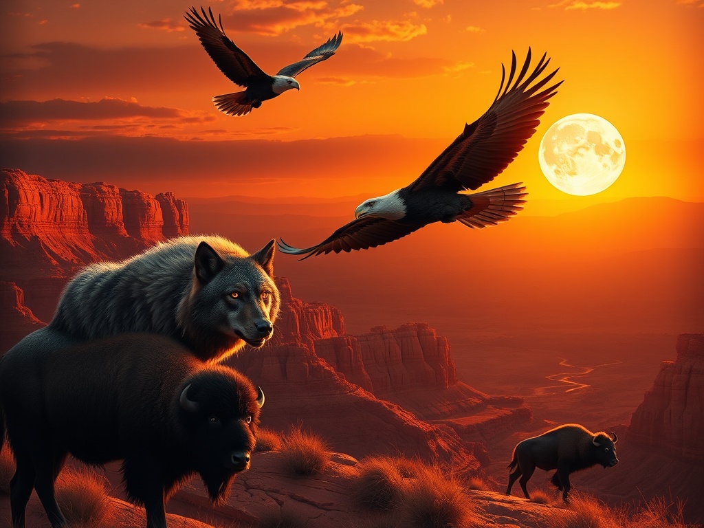 "Golden sunset over red rock canyon, moonlit sky; intense wolves with glowing eyes, soaring eagles overhead, powerful bison below; cinematic orange-purple-gold lighting." "You MUST not include ANY brand images or logos. You may ONLY reply with the format 