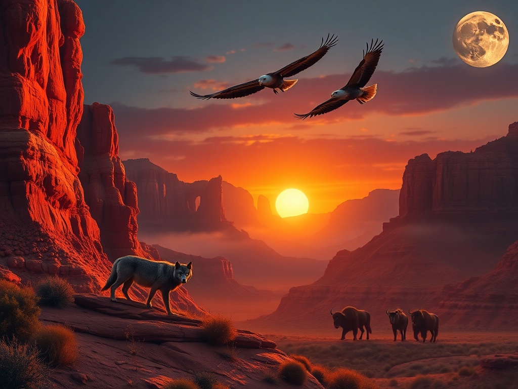 "Dramatic red rock canyon at golden sunset fading into moonlit sky, warm orange purple gold glow, misty shadows, glowing-eyed wolves, soaring eagles overhead, wild bison in distance, cinematic wildlife adventure, ultra-detailed"