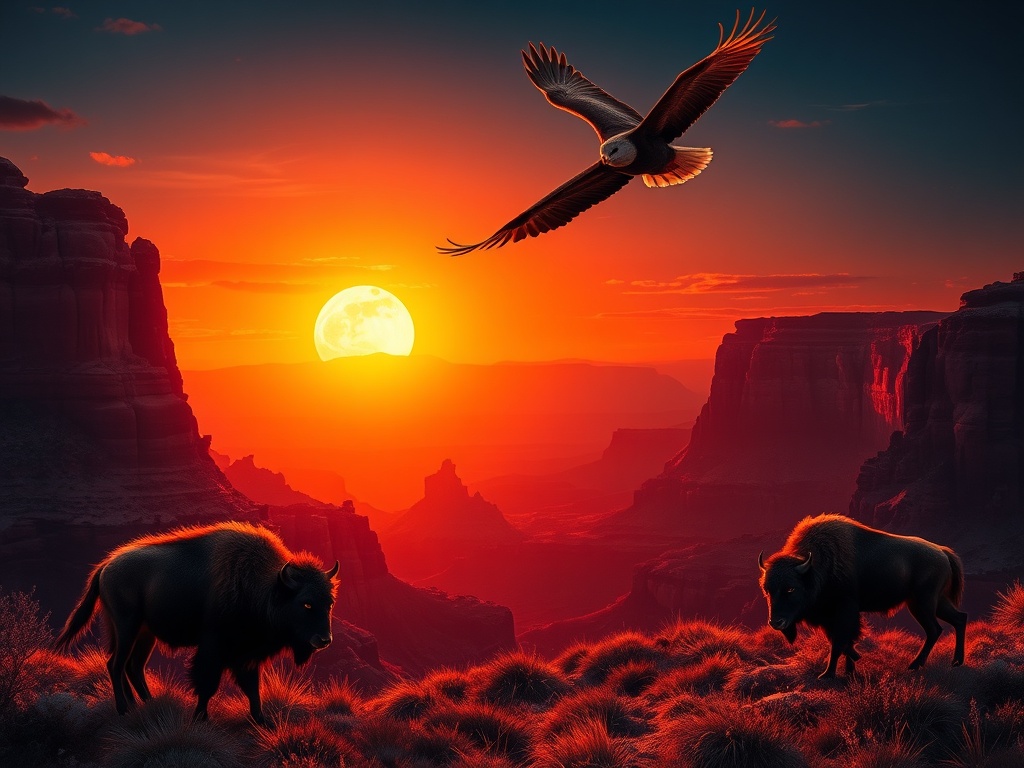 "Golden sunset over red rock canyon, moonlit sky; intense wolves with glowing eyes, soaring eagles overhead, powerful bison below; cinematic orange-purple-gold lighting." "You MUST not include ANY brand images or logos. You may ONLY reply with the format 