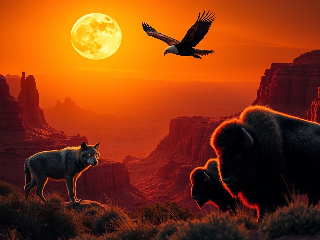 "Golden sunset over red rock canyon, moonlit sky; intense wolves with glowing eyes, soaring eagles overhead, powerful bison below; cinematic orange-purple-gold lighting." "You MUST not include ANY brand images or logos. You may ONLY reply with the format 