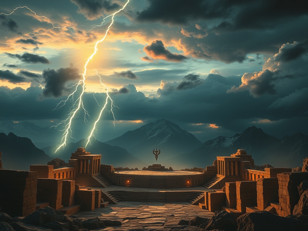Epic view of Mount Olympus summit arena at stormy twilight, marble ruins and torn clouds, Zeus lightning arcs, Poseidon trident aura, Ares sword flash, golden divine light, dynamic combat silhouettes, cinematic lighting.
