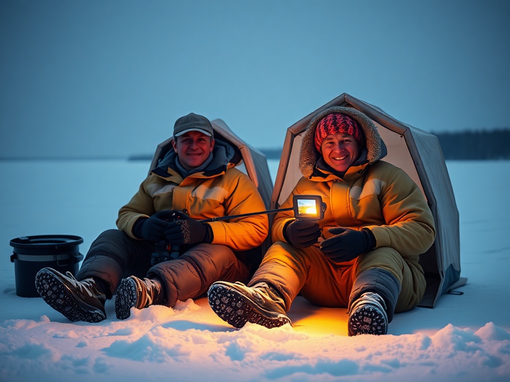 “Two winter anglers in insulated shelters on a frozen lake, warm light, electronic fish finder glow, tense fishing line, quiet snowy silence, smiling after a bite.” "You MUST not include ANY brand images or logos. You may ONLY reply with the format gi