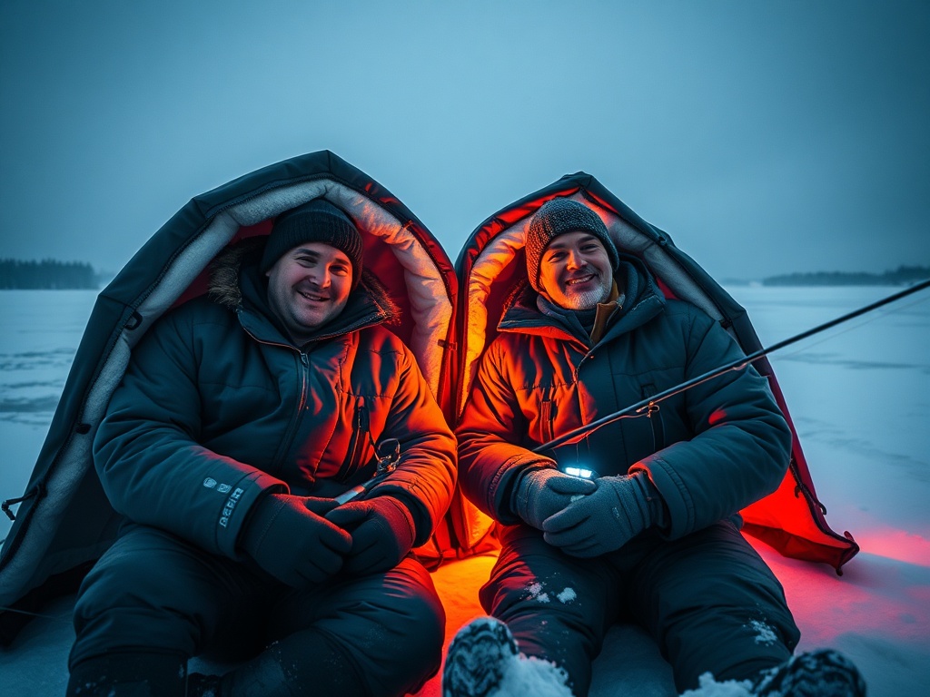 “Two winter anglers in insulated shelters on a frozen lake, warm light, electronic fish finder glow, tense fishing line, quiet snowy silence, smiling after a bite.” "You MUST not include ANY brand images or logos. You may ONLY reply with the format gi