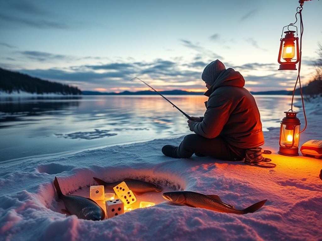 "snowy frozen lake at dusk" "cozy fisherman beside an ice hole" "ice dice tumbling beside the reel" "glowing underwater fish silhouettes" "warm lantern light"