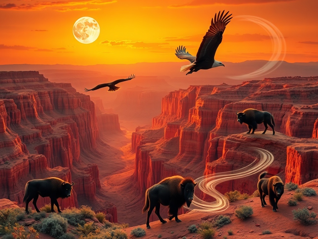A dramatic red canyon at golden sunset, moonlit sky above, glowing-eyed wolves leading, soaring eagles, wild bison, swirling mystical light gift-like aura.