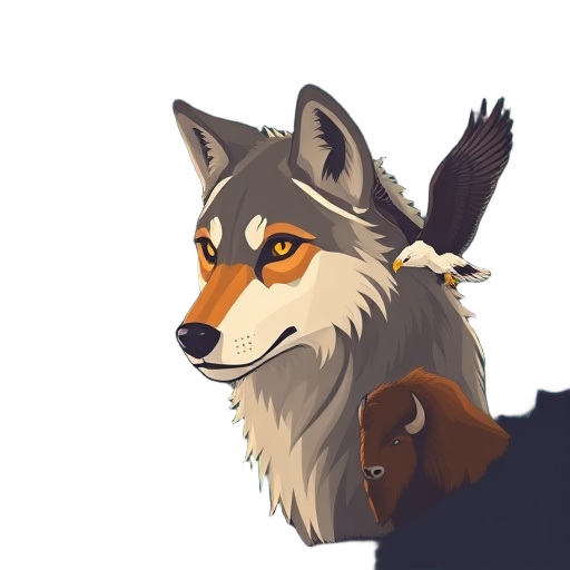 Carefully describe an image in great detail that needs to be generate, use quotes to split visual things. "Wolf" "canyon" "moon" "golden sunset" "glowing eyes" "eagle" "bison"
