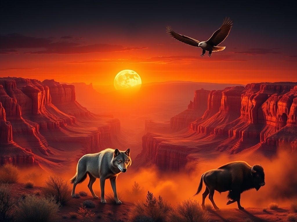 "Epic canyon at golden sunset merging into moonlit sky, red rock pillars, swirling dust, glowing-eyed wolves stalking foreground, soaring eagles, powerful bison, cinematic orange purple gold lighting." "No text, no logos."
