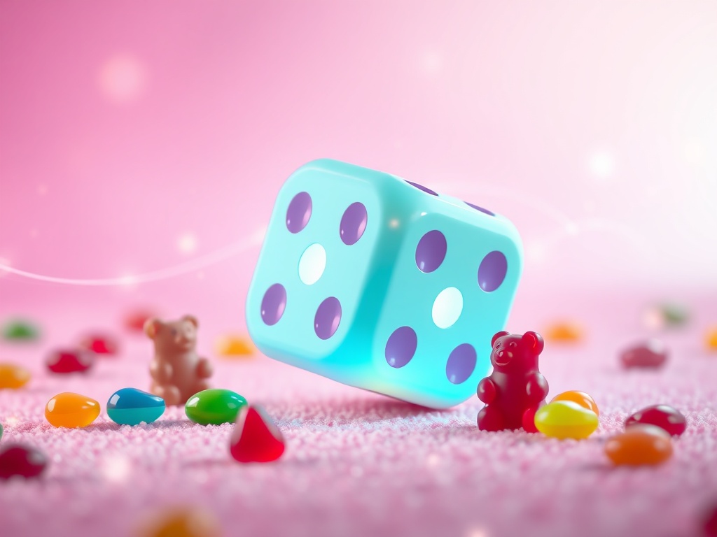 "Vibrant candyland trainer scene with glowing dice mid-roll, rainbow candy, gummy bears, chocolate drops, sparkling sugar trails, pastel pink purple background, joyful motion blur, soft light."