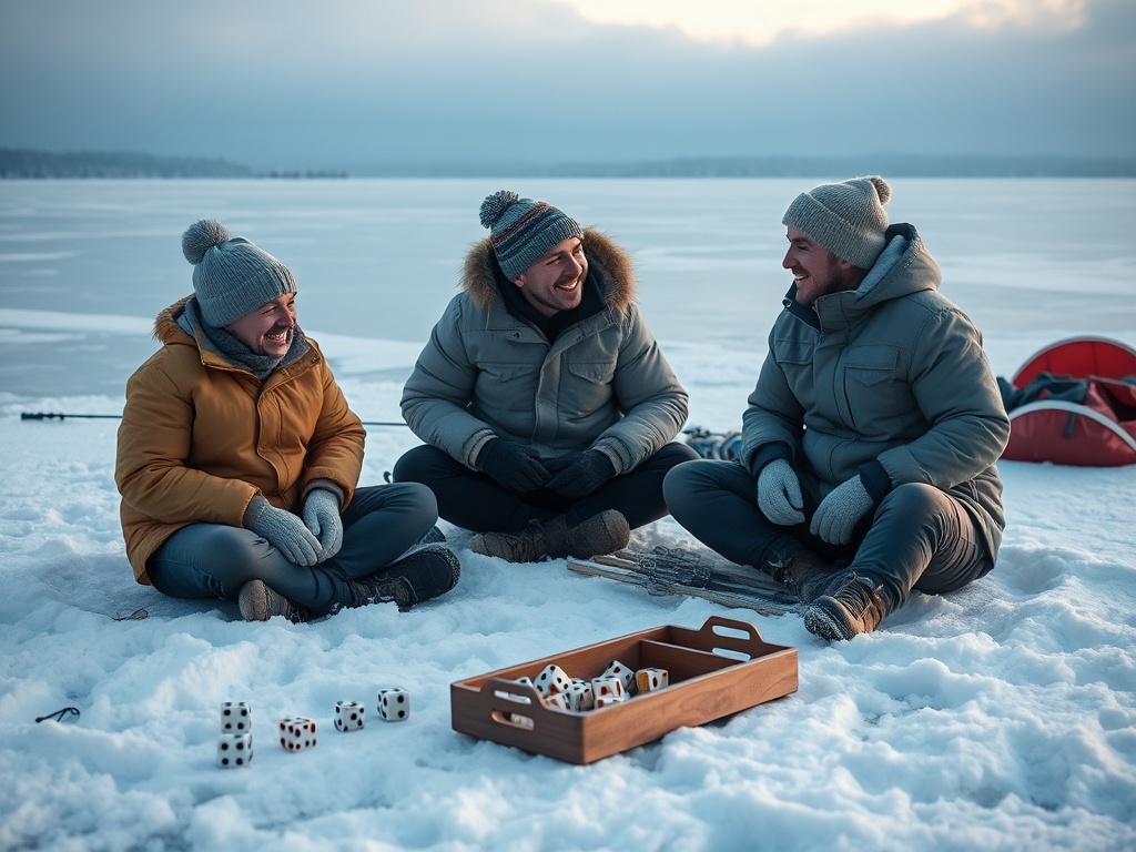 "cozy winter ice-fishing scene at a snowy frozen lake, tabletop dice scattered beside open fishing holes, two friends laughing, warm snacks on a small tray, soft morning light"