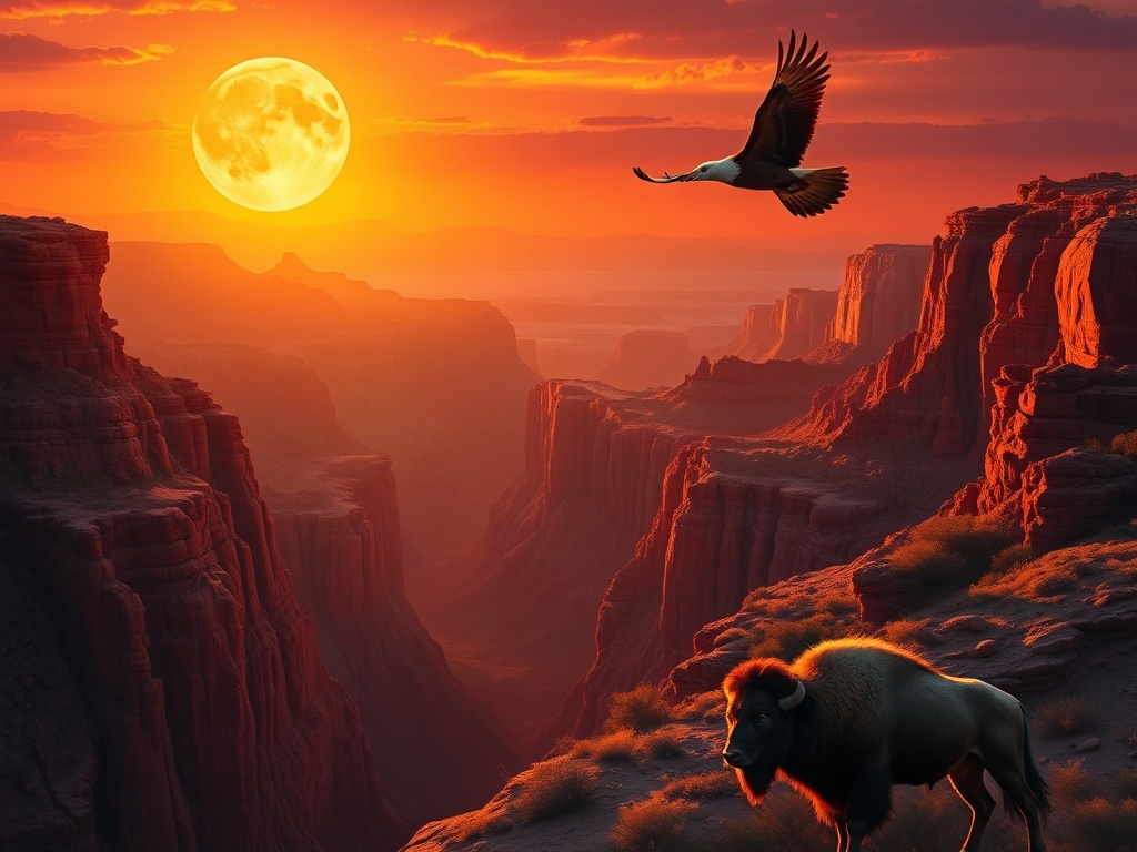 Dramatic canyon at golden sunset blending into moonlit sky, glowing-eyed wolves, soaring eagles, bison near red rocks, vibrant orange purple gold lighting, epic wildlife adventure atmosphere.