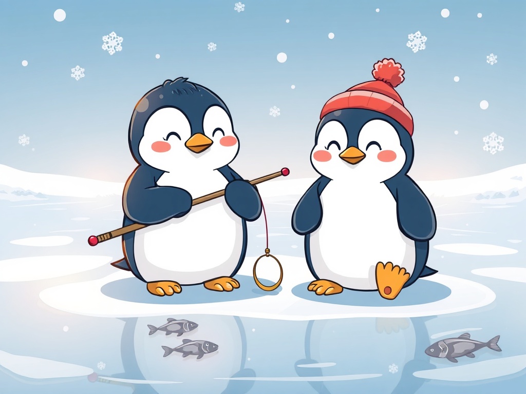 A cute cartoon winter scene with two penguins holding an ice-fishing rod on a frozen lake, snowflakes, small fish silhouettes under clear ice, cozy warm glow.